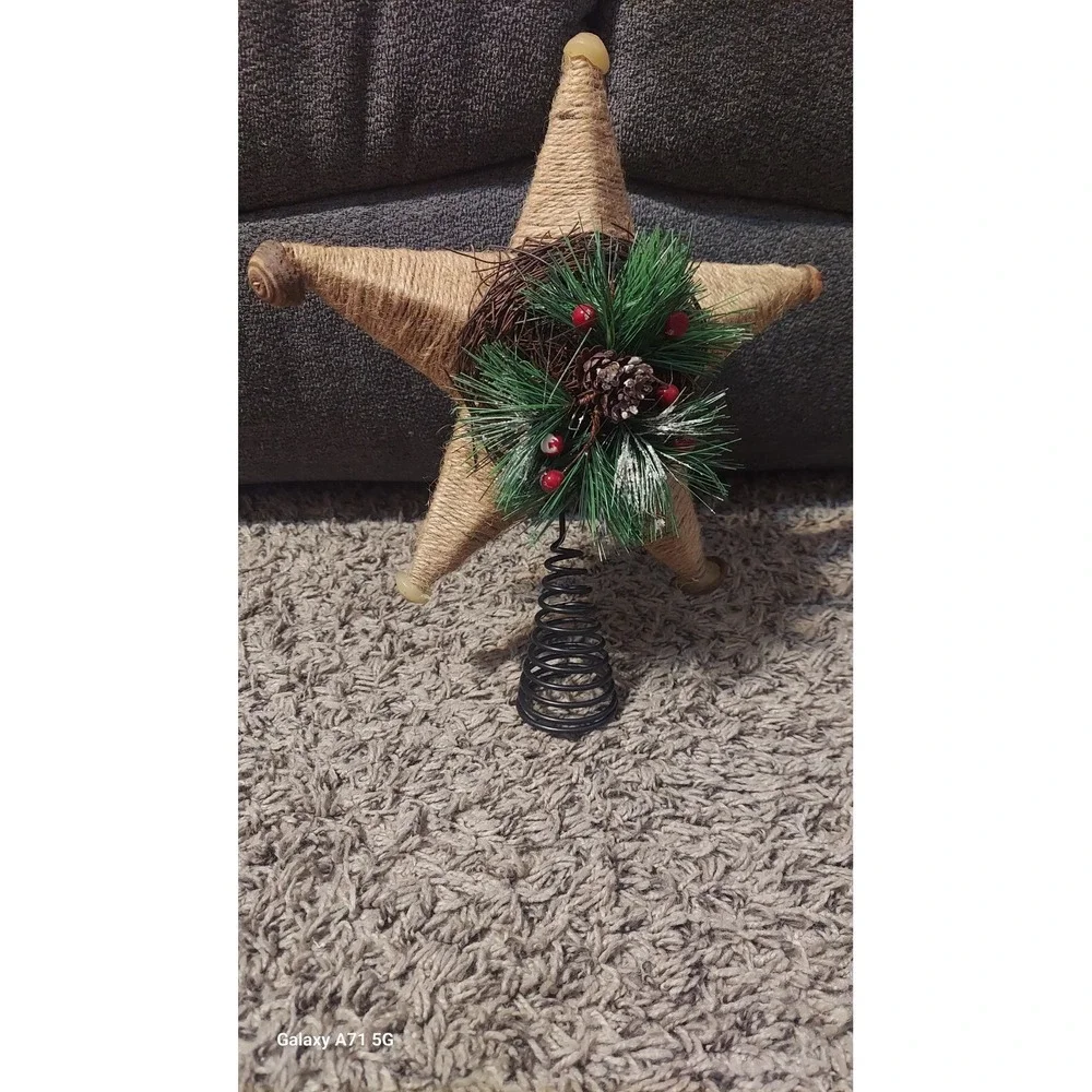 Rustic Jute Burlap Brown Star Snowflake Christmas Tree‎ Topper Holly Greenery